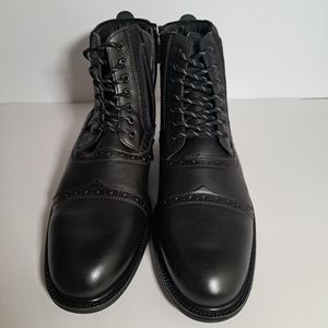 Mens brogue  patterned, black leather upper boots. Size 12.